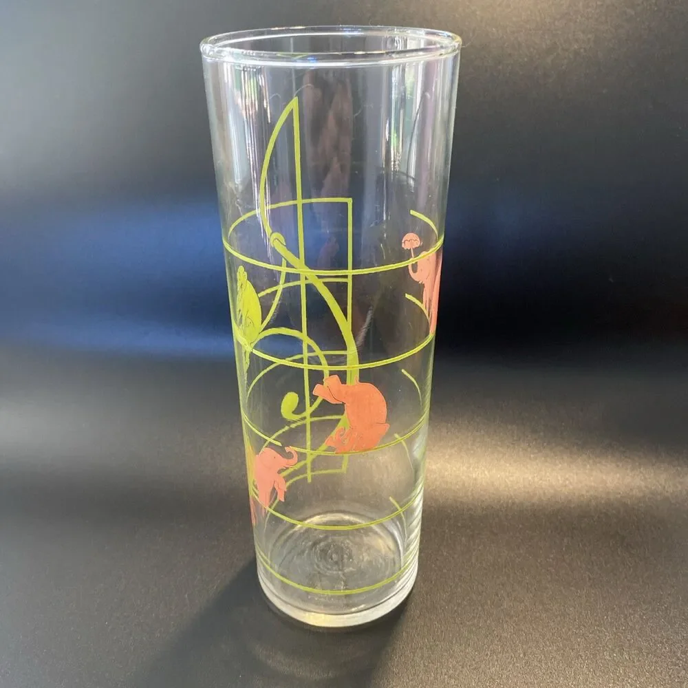Vintage MCM Federal Glass Pink Elephant & Monkey Musical Notes Highball Glass